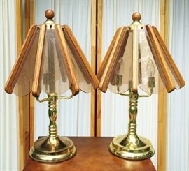 Collectible Pair Mid Century 1970's Wood & Etched Smoke Glass Brass 3-Light Table Lamps - One Lamp Has Two Missing Glass Panel Which Could Be Turned To The Back!
