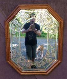 Vintage Large 31" Wood Frame Stained Glass Style Floral Hanging Wall Mirror Art Decor Country Cottage - Excellent Condition!
