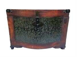 Whimsical Vintage 20" Pirates Or Princesses Treasure Chest Storage Box With Butterfly Etched Leather Brass Nailed Corners, Latch & Hook Brass Closure, Hammered Embossed Metal Sides With Handles Velvet Lined
