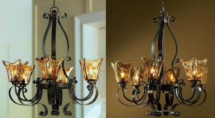Designer Created Stunning & Significant Hand Blown Italian Art Glass Tortoise Shell Shades With Oil Rubbed Bronze Finished Iron 6 Light Chandelier Lamp - Like New Condition!
