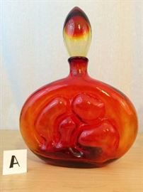 Vintage 1950s Blenko Style Mid Century Modern Italian Rossini Empoli Tangerine Amberina Bubble Orange Yellow Art Glass Decanter With Flame Stopper
