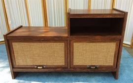 Mad Century Modern Is Happening Here!! Great Shape Record Cabinet With Flip Up Retro Wicker Mesh Doors - Shelves Plus Add A Square Vinyl Cushion To Sit On The Side Perfect Style!
