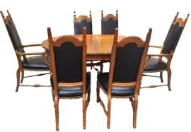 High End & Quality Craftsmanship Made By Morganton Manufacturing Spectacular Vintage Mid Century Walnut Dining Table & 6 Outstanding Carved Wood Black Leather Brass Studded Chairs - Excellent & I WANT THIS!!
