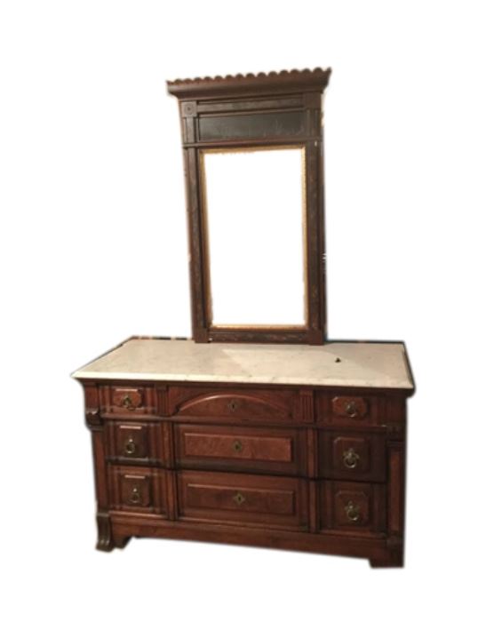 Antique Carved wood bureau with marble top and mirror