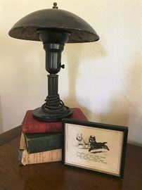 Antique lamp and books. Cute framed picture dated 1932.