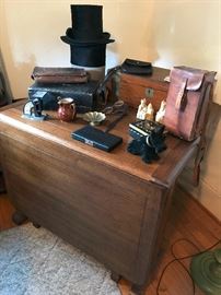 Many European antiques including leather wine carrier, Scottish leather bag, small leather bag.