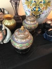 Champleve fitted top ginger jars with gilt foo dog tops