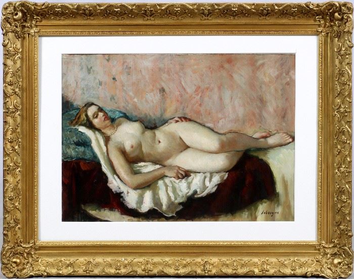 2017 - HENRI LEBASQUE (FRENCH, 1865-1937), OIL ON CANVAS, CANVAS SIZE: H 29", W 39", RECLINING FEMALE NUDE