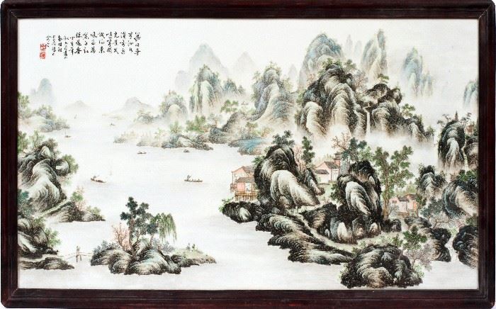 2175 - ZOU GUOJU CHINESE FAMILLE ROSE PORCELAIN PLAQUE, H 22", W 43", MOUNTAIN AND LAKE LANDSCAPE