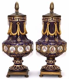 2112 - SEVRES PORCELAIN COVERED URNS, 19TH CENTURY, PAIR, H 27"