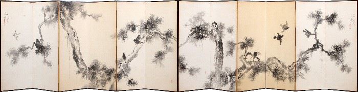 72 - JAPANESE HAND PAINTED SILK ON PAPER, 12 PANEL SCREEN, 18TH C., EACH PANEL: H 69", W 24"