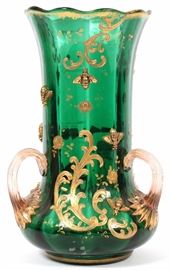 1110 - MOSER GILT AND ENAMELED EMERALD GLASS LOVING CUP, LATE 19TH C., H 8 1/4"