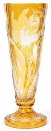 1107 - MOSER QUALITY ETCHED YELLOW TO CLEAR GLASS VASE, H 15", DIA 5 1/2"