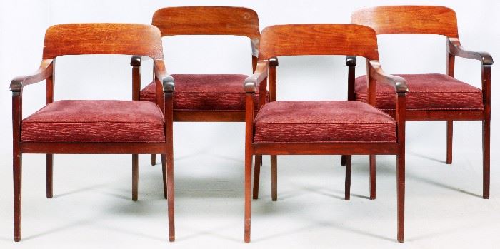 40 - BAKER FURNITURE CO., OPEN ARM MAHOGANY CHAIRS C.1970 SET OF FOUR, H 32'', L 22'', D 22''