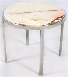 69 - GREEN ONYX & STAINLESS STEEL TABLE, H 17", DIA 19"