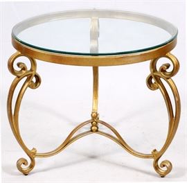 445 - GLASS TOP & PAINTED METAL SIDE TABLE H 24", DIA 28"