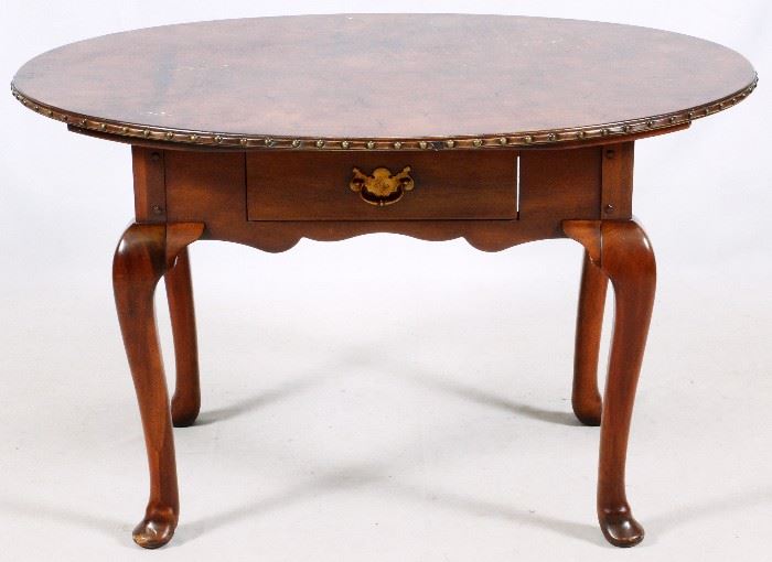 1085 - RALPH LAUREN MAHOGANY LEATHER TOP OVAL TABLE H 29" W 36", L 48"