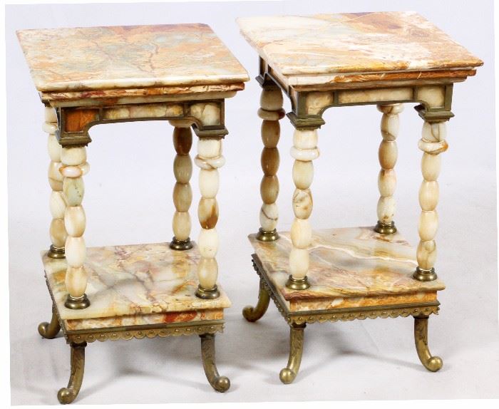 1086 - MARBLE AND ONYX SQUARE END TABLES, C.1900, PAIR, H 27.25", W 16.5", D 16.5"