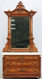 1184 - VICTORIAN INLAID BURL WALNUT MARBLE TOP DRESSER, C.1880-1890, H 91", W 45", D 21 1/2"