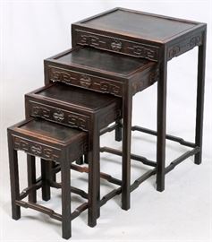 1187 - CHINESE TEAKWOOD NEST OF TABLES, 4, H 27", L 19 1/4", D 14"