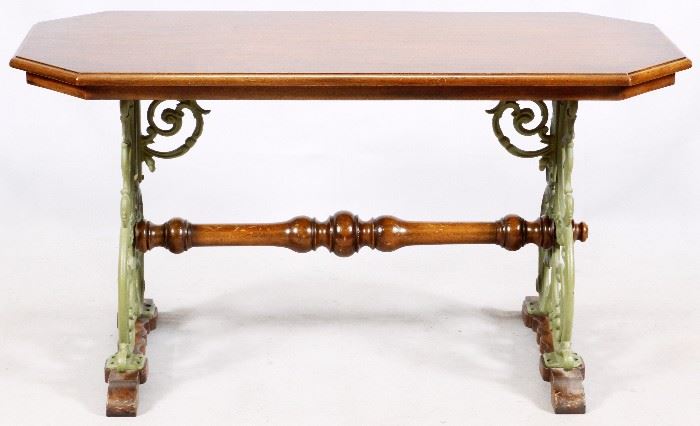 1190 - ENGLISH STYLE, WALNUT AND CAST METAL BASE TABLE, 20TH CENTURY H 29", L 54", D 25"
