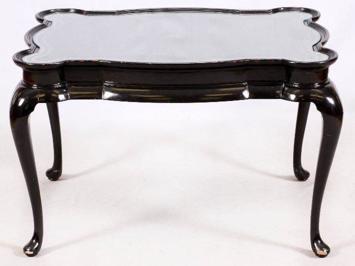 1399 - MAITLAND SMITH BLACK LEATHER & GLASS TOP COCKTAIL TABLE, H 25", W 28 1/2", L 38"