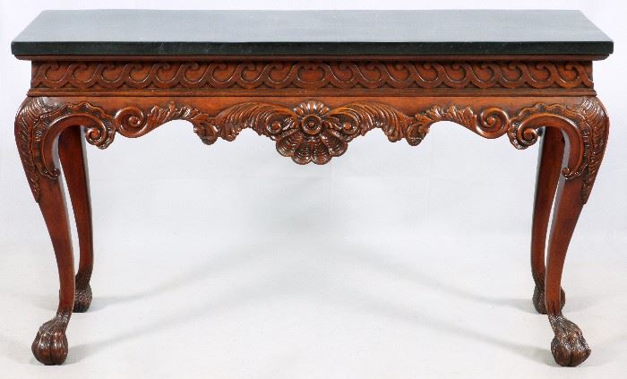 1398 - CHIPPENDALE STYLE MAHOGANY SIDEBOARD, FAUX MARBLE TOP, H 35", L 60", D 20"