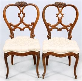 1408 - VICTORIAN MAHOGANY BALLOON BACK SIDE CHAIRS, PAIR, H 35", W 19"