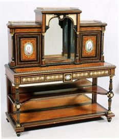 2025 - FRENCH, LOUIS XVI EBONY & SEVRES CABINET WITH WRITING DESK 19TH.C. H 58", W 53", D 21"