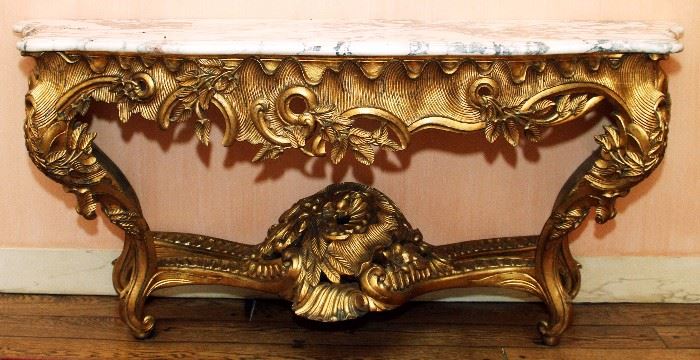2247 - LOUIS XIV STYLE GILT AND MARBLE TOP CONSOLE, H 36" L 77" D 23"