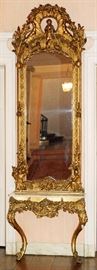 2249 - GILT PASTORAL PIER MIRROR AND MARBLE TOP CONSOLE, 2 PIECES, H 10'