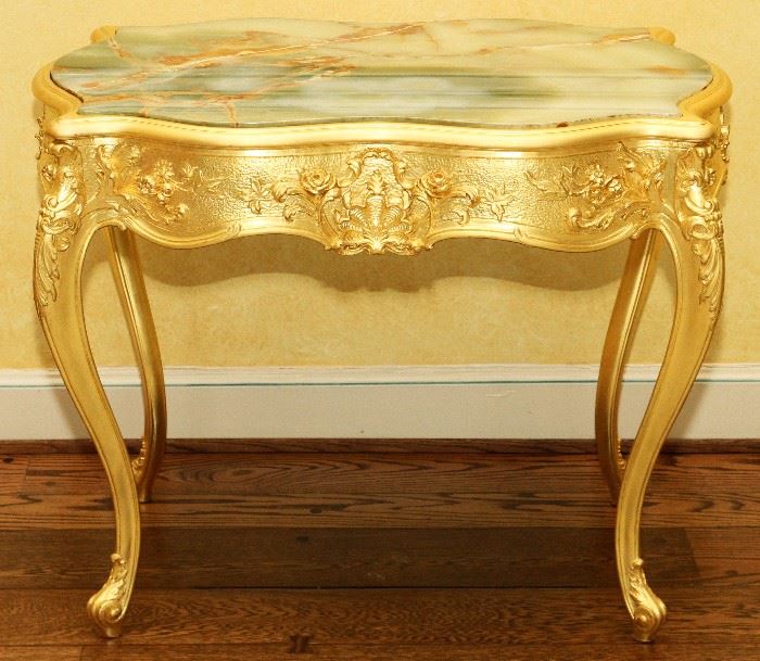 2255 - FRENCH STYLE GREEN ONYX AND GILT PARLOR TABLE, H 30", W 38 1/2", D 25"