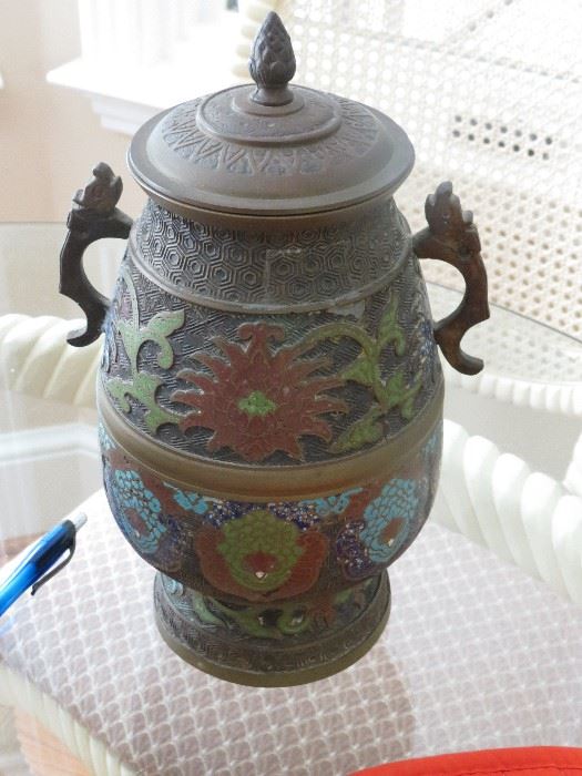 Champleve urn with lid.