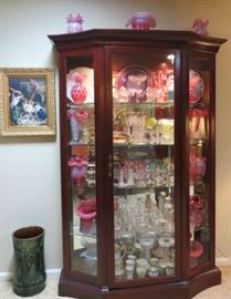 Mahogany Lighted Glass Jasper Curio Cabinet, Beautiful Vintage Fenton Glass Collection