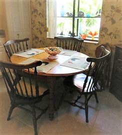 Wood Drop Leaf Kitchen Table/ 4 Ethan Allen Antiqued Pine Old Tavern Scroll Back Duxbury Side 12-6010 Chairs