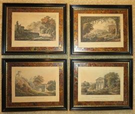 Set of 4 tinted aquatint by J. Merigot, Printed London, Published March 1, 1796 by J. Merigot No. 28, Haymarket & R. Edwards From A Select Collection of Views and Ruins in Rome and Its Vicinity. Church of St. Andrew, Arch Of Septimus Severus,Villa Medicis, The Temple Of Bacchus