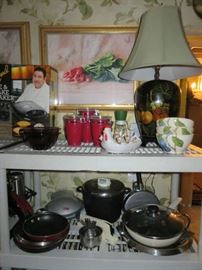 Kitchenware, Canisters, Chicken Dish & Egg Cups, Black Fruit Design Lamp, Pots/Pans