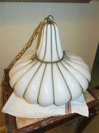 Mid Century Murano White Caged Blown Glass Hanging Lamp with original silver sticker