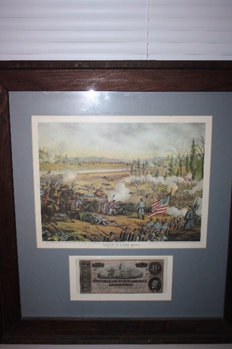 Old confederate Print (Murfreesboro) and Confederate $20 Bill