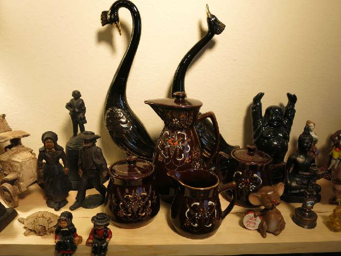 Cast Iron Figurines, Ceramic Swans, Sugar, Creamer, Buda
