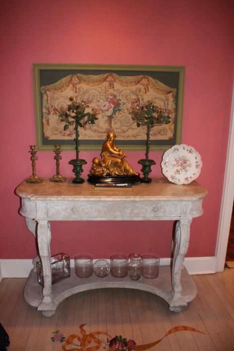 Console Table with Lots of Quality, Decorative Items - Tapestry, Candlesticks, Statuary and loads more