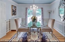 60" glass round dining room table with 6 generous velvet chairs. Like new. Gorgeous vintage Chinese silk art rug. Deep Purple