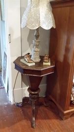 Antique Sewing Basket Table with Flip Top