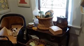 OLD VANITY & BENCH , WICKER CARRIAGE, BRUSHES, MIRRORS