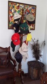 ANTIQUE PEGGED OAK HAT or HALL TREE, PRICE LARSON "HONKY TONK" Original Signed OIL PTG.