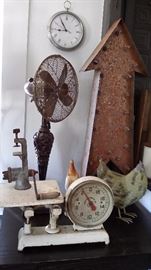 ANTIQUE SCALE, ARROW SIGN, REPRODUCTION FAN