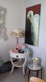 VINTAGE LAMP TABLE with 50's LAMP, 2 SMALL FORMICA TOP STACKING TABLES, LARGE EGRET OIL on CANVAS