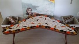 A REAL SHOW STOPPER VINTAGE 50's - 60's MOSAIC TILE BOOMERANG (KIDNEY) COFFEE TABLE....OLD ORIGINAL KODAK FILM ADVERTISING POSTER