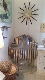 VINTAGE BRASS TEACART, RETRO WALL MIRROR, and MCM STARBURST CLOCK