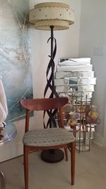 MCM TEAK CHAIR, NEW FLOOR LAMP with VINTAGE SHADE, RETRO BEVELED WALL MIRROR